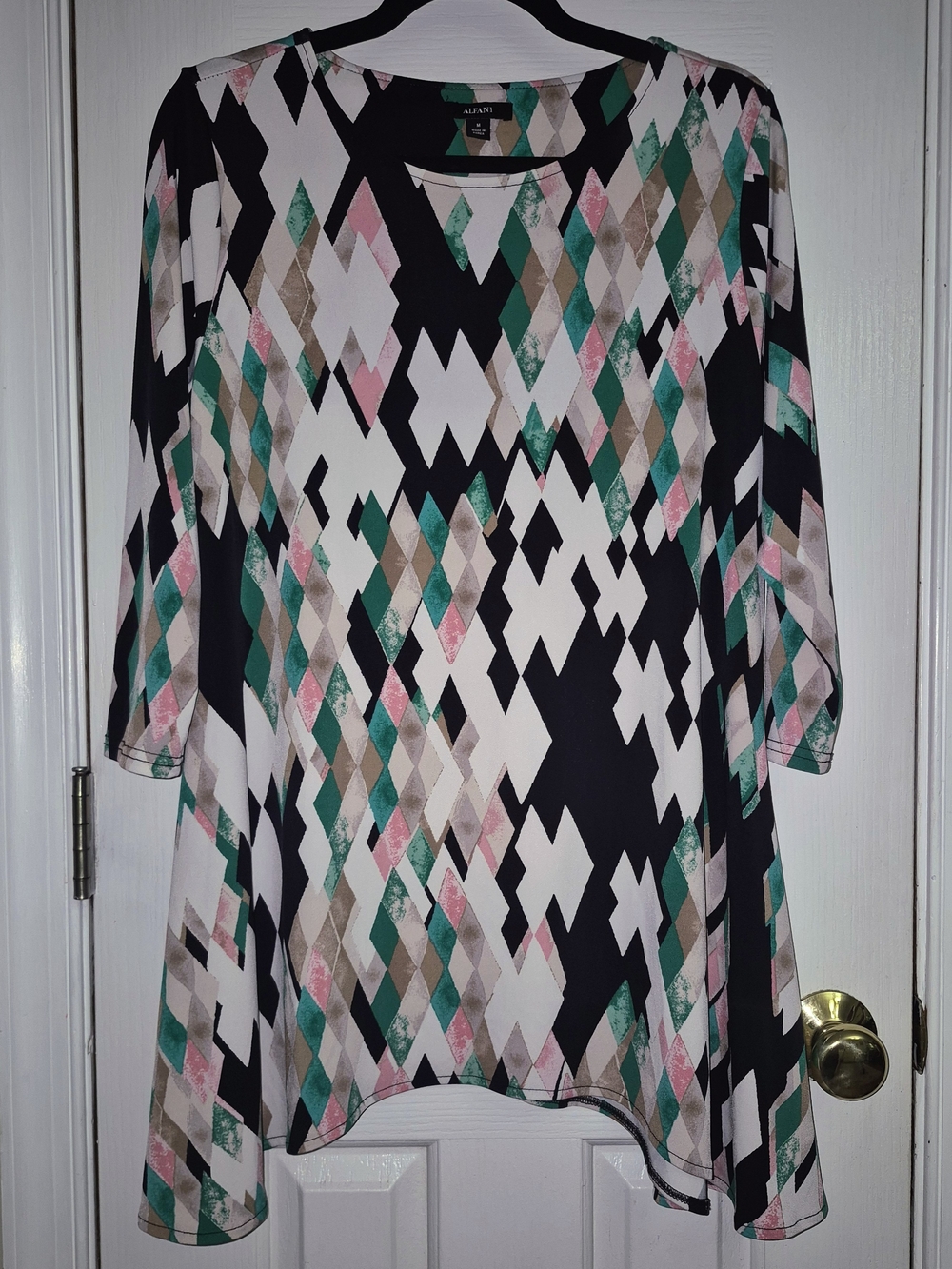 Alfani Black Geometric Diamond-Print Tunic with Pink & Teal Accents